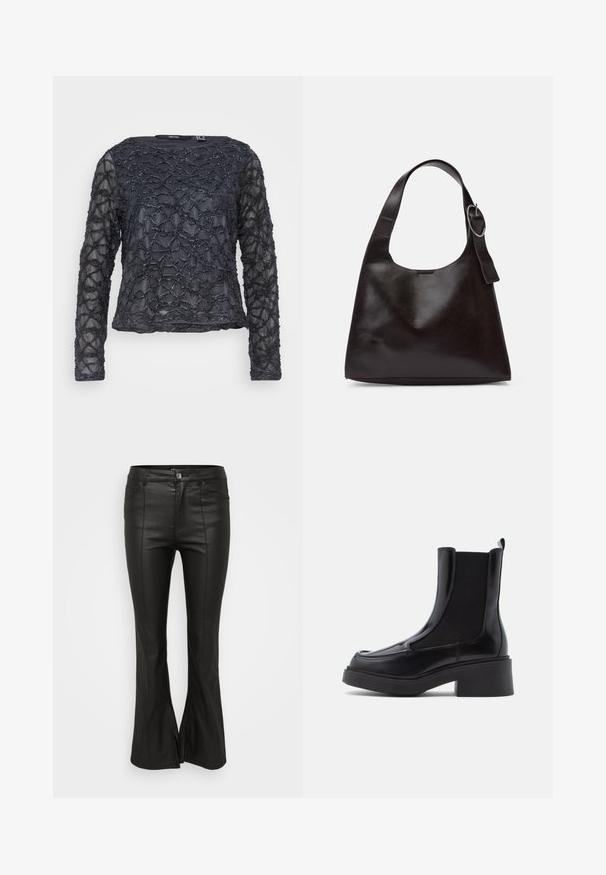 Musta pitkähihaine paita, jossa on teksturoitu, aaltoileva helmi-kuvio. Läpinäkyvä kangas ja pyöreä kaula-aukko. Normaali istuvuus ja pituus.; Mustat leveälahkeiset housut, joissa on kiiltävän kumimainen pinta, etutaskut, nappisuljenta ja sivuaukot helmassa.; Mustat Chelsea-kengät paksulla korolla, joissa on kiiltävä nahka päällinen ja joustavat sivupaneelit helppoa pukeutumista varten. Vahva kumipohja.; Ruskea nahkainen olkalaukku, jossa on sileä rakenne, pyöreä muoto, leveä hihna ja pyöreä metallikoriste kahvassa.