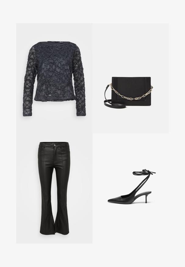 Musta pitkähihaine paita, jossa on teksturoitu, aaltoileva helmi-kuvio. Läpinäkyvä kangas ja pyöreä kaula-aukko. Normaali istuvuus ja pituus.; Mustat leveälahkeiset housut, joissa on kiiltävän kumimainen pinta, etutaskut, nappisuljenta ja sivuaukot helmassa.; Mustat nahkaiset stiletto-kengät, joissa on terävä kärki, avoin takaosa ja nilkkahihnat solmittuina rusetiksi. Kapea 3-tuumainen korko. Tasainen pinta, minimalistinen muotoilu.; Musta nahkainen olkalaukku, jossa on sileä pinta, suorakulmainen muoto ja metalliketju yksityiskohtana edessä. Mukana säädettävä hihna.; Hopeinen kaksinkertainen rengas, jossa on sileä, kiillotettu pinta. Siinä on sulava, kaareva muotoilu, jossa on päällekkäisiä osia modernin ilmeen saavuttamiseksi.