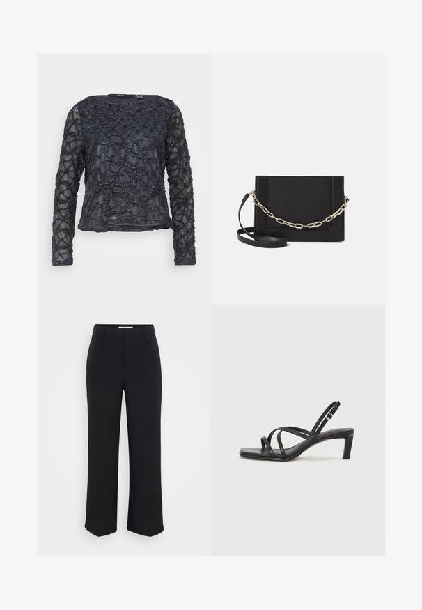 Svart langermet topp med teksturert, bølgete perle mønster. Gjennomsiktig stoff med rund hals. Vanlig passform og lengde.; Sorte vide bukser med en glat tekstur, der har en flad talje og sidelommer, designet med en minimalistisk æstetik.; Sorte sandaler med stropper, firkantet tå og lav blokk hæl. Har flere tynne stropper og en justerbar ankelstropp. Laget av glatt lær.; Svart lær crossbody-veske med glatt tekstur, rektangulær form og metallkjede detaljer på framsiden. Justerbar stroppe inkludert.