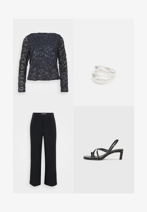 Melnas garām piedurknēm blūze ar teksturētu, viļņveida pērlīšu rakstu. Caurspīdīga auduma ar apaļu kakla izgriezumu. Parasta fit un garums.; Melnas platās bikses ar gludu tekstūru, ar platu jostasvietu un sānu kabatām, veidotas minimalistiskā estētikā.; Melnas strappy sandales ar kvadrātveida purngaliem un zemu bloku papēdi. Ievērojamas ar vairākiem plāniem siksniņām un regulējamu potītes siksniņu. Izgatavotas no gludas ādas.; Sudraba divu joslu gredzens ar gludu, pulētu virsmu. Iezīmējas ar plūstošu, izliekta dizaina struktūru ar pārklājošām sekcijām modernam izskatam.