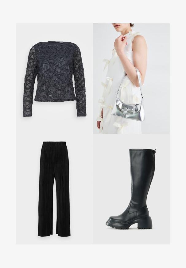 Juodas ilgomis rankovėmis viršus su tekstūruotu, banguotu karoliukų raštu. Permatomas audinys su apvaliu iškirpimu. Įprasta forma ir ilgis.; Juodi plisuoti kelnės su elastine juosta. Turėkite plačias kojas ir glotnų, tekstūrinį audinį su vertikaliais dryžiais.; Ilgas juodos odinės batai su masyvi platforma ir stačiakampiu kulnu, turintys traukimo kilpą ir tekstūruotą pado raštą.; Sidabrinė metalinė rankinė su struktūrizuota forma, turinti viršutinę rankeną ir kaspiną priekyje. Lygi tekstūra, atspindinti apdaila.