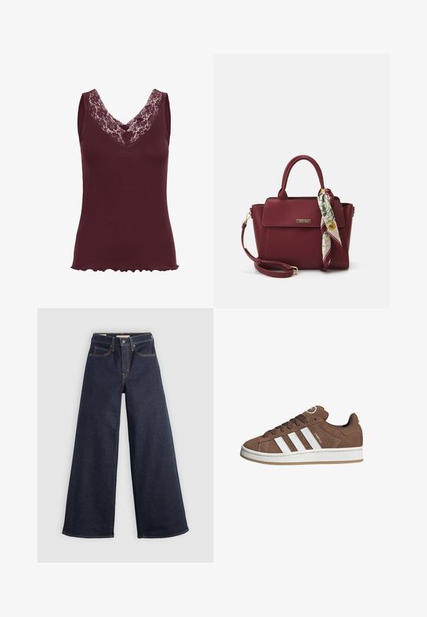 Kaffe JENNA - Top - zinfandel; Wijde denim jeans in donkerblauw met contrasterende stiksels. Bevat een traditionele vijf-pocketontwerp en een knoopsluiting in de taille.; Bruine suède sneaker met witte leren strepen, rubberen zool, ronde neus en vetersluiting. Kenmerkt zich door een logo op de tong en geperforeerde accenten.; Bordeaux handtas van synthetisch materiaal met een gestructureerd ontwerp, voorzien van een afneembare schouderband en een met bloemenpatroon versierde sjaal die aan het handvat is geknoopt.