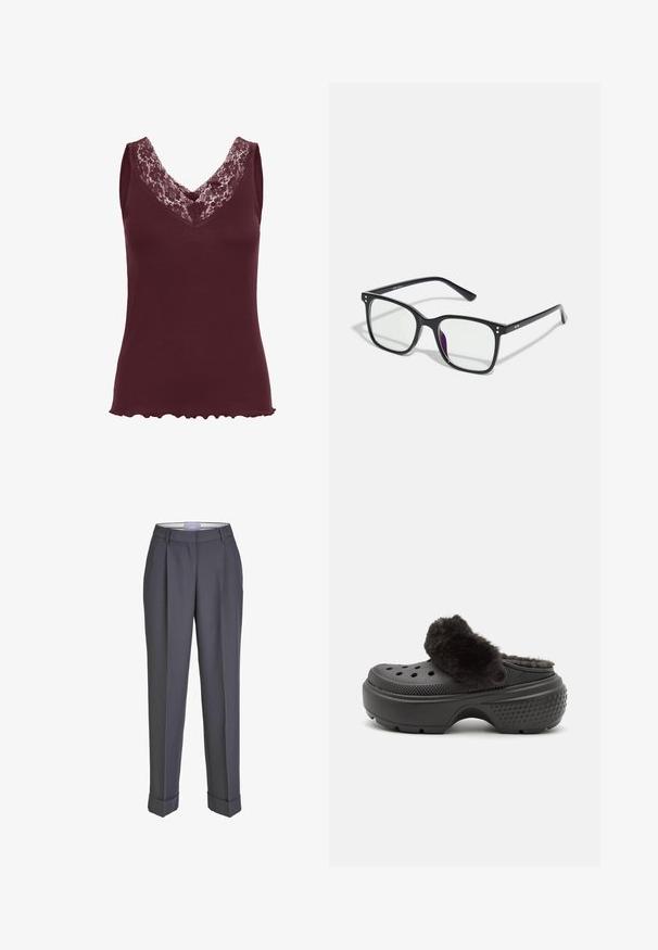 Kaffe JENNA - Viršus - zinfandel; Tamsiai pilki pritaikyti kelnių modeliai su tiesiomis kojomis, raukti priekyje ir atsukamais manžetais. Pagamintos iš lygaus audinio, su klasikinėmis juosmens juostomis.; Juodos klumpės su minkšta, pūkuota viršutine juosta, su perforacijomis priekyje ir tekstūruotu kulnu geresniam sukibimui. Lengva ir lengvai užmaunama konstrukcija.; Juodos stačiakampės akiniai su skaidriais lęšiais, turintys auksinius akcentus ant rėmo ir švelnų purpurinį atspalvį ant vieno lęšio.; Burgundi spalvos odinė rankinė su auksine sagtimi, struktūrizuota forma, viršutinė rankena ir reguliuojama petneša. Modelis vilki džinsinį švarką.