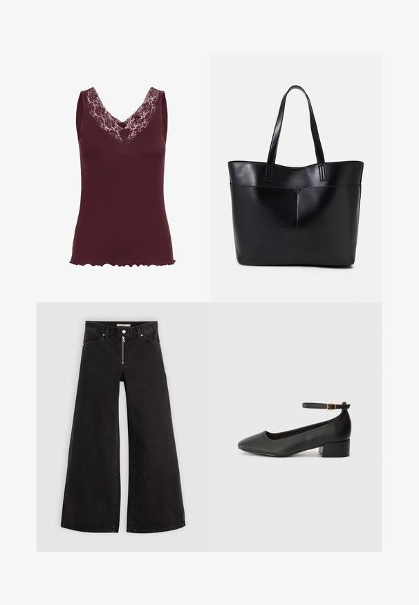 Kaffe JENNA - Top - zinfandel; Wijdvallende jeans van zwarte denim met een ritssluiting aan de voorkant, vijf zakken en subtiele stikdetails. Soepele textuur en casual stijl.; Zwarte leren pump met een spitse neus en een lage blokhak. Beschikt over een enkelband met een goudkleurige gespsluiting. Gladde textuur.; Zwarte leren tote bag met twee lange handvatten, een zachte textuur en een gestructureerde vorm. Voorzien van een voorvak voor extra opslagruimte.