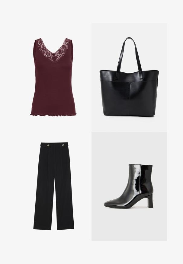 Kaffe JENNA - Top - zinfandel; Černé široké kalhoty s vysokým pasem, detailní knoflíky na pase a přední záhyby.; Černé lakované kotníkové boty s špičatou špičkou a středně vysokým blokovým podpatkem. Hladká textura a minimalistický design.; Černá kožená taška s dlouhými ušima, hladkým povrchem a strukturovaným tvarem. Obsahuje přední kapsu pro další úložný prostor.