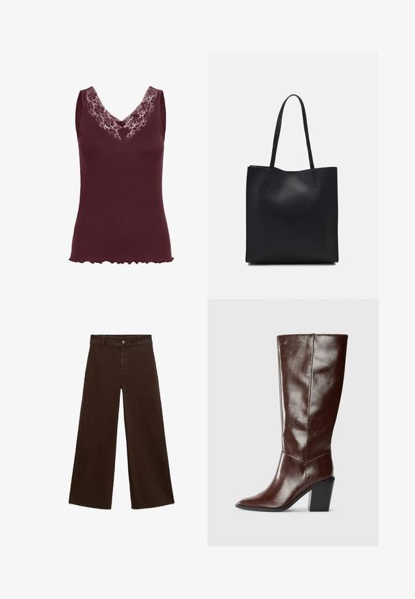 Kaffe JENNA - Top - zinfandel; Brown wide-leg trousers in cotton blend, featuring a frayed hem, front button closure, and classic five-pocket design. Minimalistic and versatile.; Tall dark brown leather boot with a pointed toe and stacked block heel, shown from the side on a plain background.; Black leather tote bag with smooth texture, rectangular shape, and two long handles. No visible hardware or embellishments.