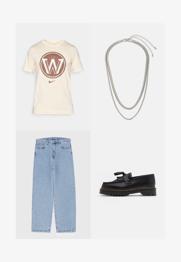 Nike majica iz off-white bombaža ima velik rjav krožni logotip s stiliziranim "W" v središču in majhnim Nike swooshom na dnu.; Svijetloplave traperice s ravnim nogavicama, srednjeg struka, pet džepova te zatvaranjem na gumb i munju.; Črne usnjene loafersice s kaširanim naglasom, z debelim črnim podplatom in rumenim šivom ob robu. Teksturirana površina.; Tri-slojni srebrni kovinski ogrlica z elegantnimi, fleksibilnimi verigami z rahlim leskom, varovana z zaponko s katero se zaključi in nastavljivo verigo.