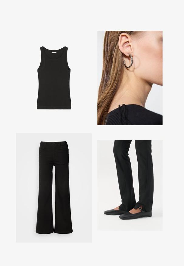 Camiseta sin mangas negra hecha de algodón suave, con un cuello redondo y una silueta ajustada. Diseño simple sin patrones ni acentos visibles.; Pantalones de pierna ancha negros hechos de tela de mezclilla, que cuentan con bolsillos frontales, cierre de botón y una textura suave con un acabado limpio.; Bailarinas de cuero negro con punta afilada, correa con hebilla de plata, combinadas con pantalones negros ajustados que presentan un dobladillo con abertura.; Pendiente de aro de plata con un acabado pulido, que presenta pequeños detalles en dorado y una forma redonda, llevado en el lóbulo.