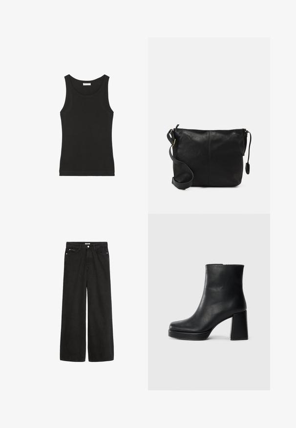 Black sleeveless tank top made of soft cotton, featuring a round neck and a fitted silhouette. Simple design with no visible patterns or accents.; Wide-leg black denim jeans with a high waist. Features five pockets, metal hardware, and a clean finish. The texture is smooth and soft.; Black leather ankle boot with a block heel and platform sole, viewed from the side on a plain white background.; Black leather crossbody bag with a flat shape, gold hardware accents, and an adjustable strap. Smooth texture with minimal stitching details.