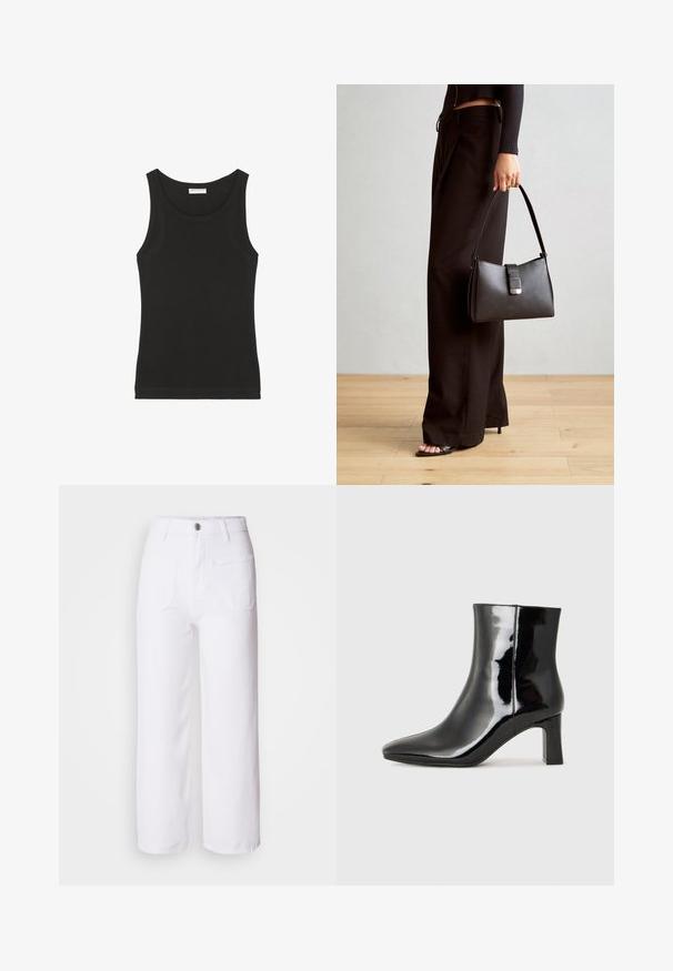 Black sleeveless tank top made of soft cotton, featuring a round neck and a fitted silhouette. Simple design with no visible patterns or accents.; White denim wide-leg pants with a button closure, belt loops, two front pockets, and a single back pocket. Durable and textured fabric.; Black patent leather ankle boot with a pointed toe and a mid-height block heel. Smooth texture and minimalist design.; Black handbag with structured shape, smooth texture, and a metallic clasp. Paired with wide black pants and open-toe sandals on wooden floor.