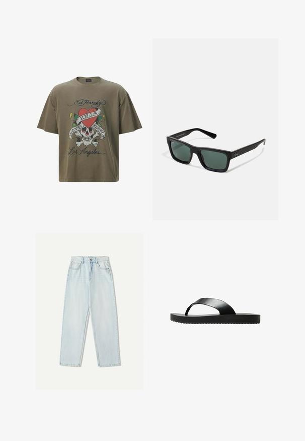 Ed Hardy LOVE-KILLS SLOWLY - T-shirt print - washed dusty olive; Lichtblauwe denim jeans met een relaxte pasvorm, recht model, vijf zakken en subtiele vervaging in de stof.; Zwarte flip-flop sandaal met een platte zool, gemaakt van een soepel materiaal. Heeft een minimalistisch ontwerp met een enkele band en een textuur aan de onderzijde.; Zwarte rechthoekige zonnebril met groene lenzen, voorzien van een matte afwerking, rechte pootjes en het Ray-Ban-logo aan de zijkant.