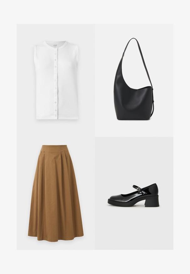 Bijela bezrukavna majica od rebraste tkanine, s okruglim izrezom i prednjim dijelom s dugmadi od prozirne plastike.; Smeđa pamučna suknja A kroja s visokim strukom, koja ima nabore sprijeda i glatku teksturu. Završetci donjeg ruba su čisti i jednostavni.; Crne lakirane Mary Jane cipele s okruglim vrhom, podesivim remenom i debelim kvadratnim potplatom. Imaju teksturiranu đon.; Crna kožna hobo torba s glatkom teksturom, zakrivljenim oblikom i jednom podesivom trakicom; ima širok otvor na vrhu.