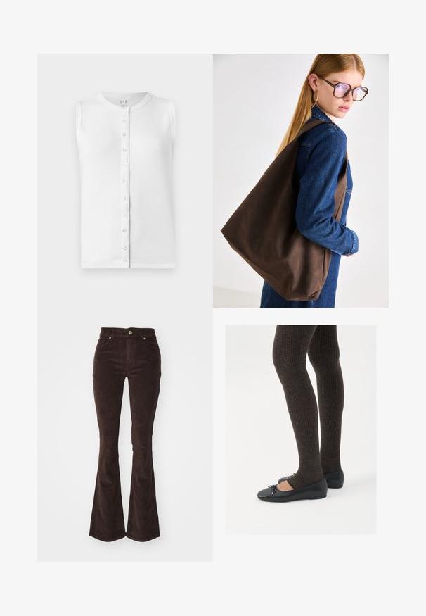 Bela brezrokavni top iz rebraste tkanine, z okroglo ovratnico in sprednjim delom z gumbi, ki jih je mogoče odpeti, s prozornimi gumbi.; Vero Moda VMFLASH FLARED PANTS - Hlače - chocolate torte; Črne ravne čevlje z majhnim lokom na prstih, v kombinaciji s temno rjavimi rebrastimi nogavicami. Čevlji imajo gladko teksturo in nizko obliko.; Rjava usnjena torba z mehkimi teksturami, ki ima prostorno zasnovo in enojno naramnico. Oblečena z modrim jeans jopičem.