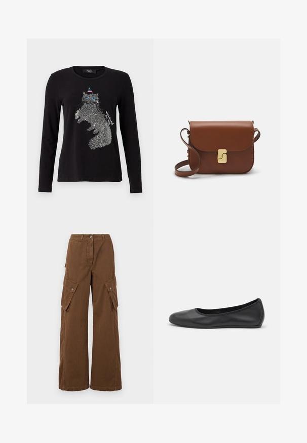 WEEKEND MaxMara OPACO - Longsleeve - nero; WEEKEND MaxMara LUCY HALE ELVY - Cargobroek - marrone; Zwarte leren ballerina met een ronde neus, gladde textuur, minimale stikdetails en een flexibele zoolontwerp.; Bruine leren handtas met een klep sluiting, gouden hardware, een schouderband en een gladde textuur. Compact rechthoekige vorm.