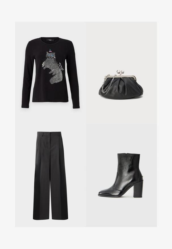 WEEKEND MaxMara OPACO - Camiseta de manga larga - nero; Pantalones de pierna ancha negros con cintura alta, que presentan pliegues en la parte delantera, una textura suave y un acabado a medida. Diseñados para un ajuste relajado.; Botín negro de cuero con textura suave, puntera puntiaguda y un tacón alto y robusto. Presenta una apertura lateral y un diseño minimalista.; Clutch de cuero negro con textura arrugada, marco de metal en tono plateado, cierre de beso y cadena para colgar. Superficie suave y lisa.