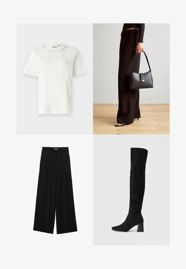 Camiseta de algodão branca com mangas curtas, decote redondo adornado com detalhes em contas à volta do colarinho. Design do corpo simples e sem embellishments.; Calças largas pretas com um tecido texturizado, uma cintura elástica e um laço destacável na cintura para um ajuste ajustável.; Bota de camurça preta até ao joelho com salto bloco, bico fino e design suave e sem costuras sobre um fundo claro.; Bolsa preta com forma estruturada, textura suave e um fecho metálico. Combinada com calças largas pretas e sandálias de salto aberto sobre um chão de madeira.