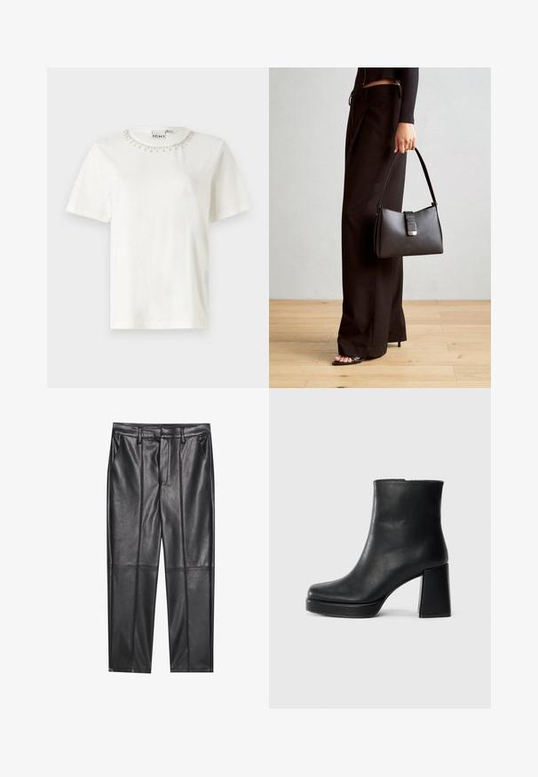 Valge puuvillane t-särk, millel on lühikesed varrukad ja ümmargune kaelus, mille ääres on ehetekirja detail. Lihtne, ilma kaunistusteta keha disain.; Mustad nahkpüksid sileda tekstuuriga, sirge lõikega, kahe eesmine taskuga ja nähtavate õmblusteta.; Must musta ankle boot, milleplokk-konts ja platvormi tallaga, vaadatud küljelt ühetoonilise valge tausta peal.; Must musta kott, millel on struktureeritud kuju, sile tekstuur ja metallist klamber. Kombineeritud laiate mustade pükstega ja avatud varvaste sandaalidega puidust põrandal.