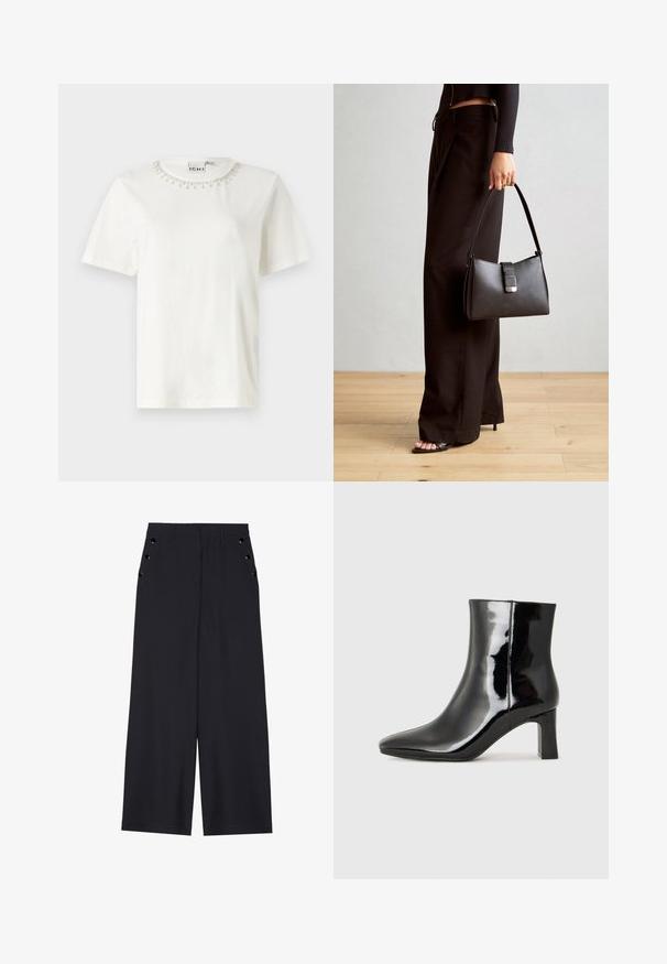 Hvid bomulds T-shirt med korte ærmer og en rund halsudskæring prydet med perledetaljer omkring kraven. Enkel, ukompliceret kropsdesign.; Bredde bukser i mørkeblå stof med en glat tekstur, frontplisseringer og dekorative guldfarvede øjenlåg ved sidelommerne.; Sort lakeret ankelstøvle med spids tå og en midt-højde blokhæl. Glat tekstur og minimalistisk design.; Sort håndtaske med struktureret form, glat overflade og metalspænde. Sammen med brede sorte bukser og sandaler med åben tå på trægulv.