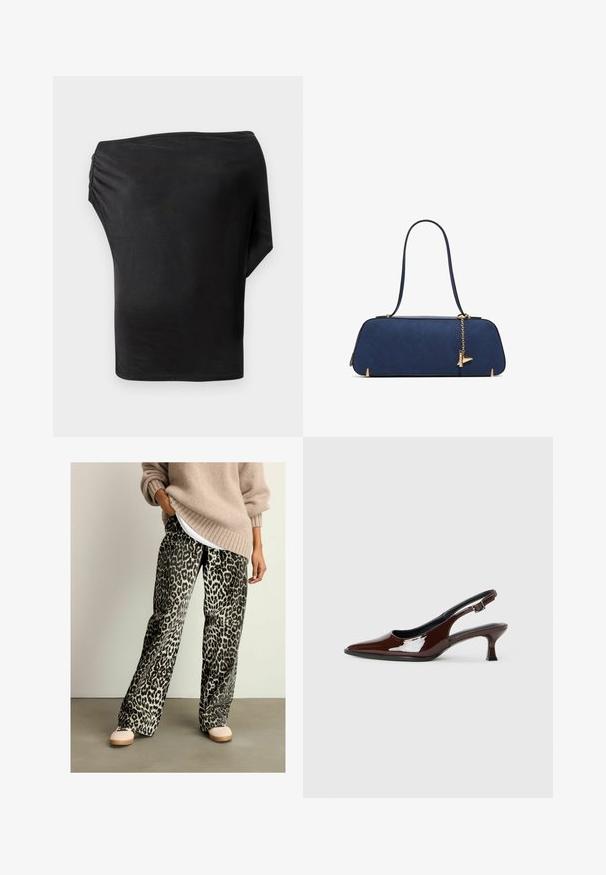 Svart asymmetrisk topp med en mjuk, stretchig tyg och en volangdetalj på ena sidan. Minimalistisk design med en lång ärm.; Leopardmönstrade vida byxor i mjukt tyg, med resårmidja och en färgsättning i svart och beige. Kombineras med en beige tröja.; Brun lackläder slingback-sko med spetsig tå och en måttlig klack. Utrustad med en spännband för säker passform. Slät textur.; ALDO THALELI - Handväska - navy