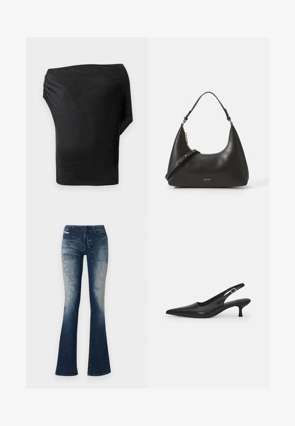 Fekete aszimmetrikus felső, sima, rugalmas anyagból, egy oldalán fodros részlettel. Minimalista dizájn, egy hosszú ujjal.; Bővülő szárú farmernadrág sötétkék mosással, világosabb kopásokkal, texturált felülettel és cipzáras záródással. Öt zsebes kivitel márkalábbal.; Fekete bőr szandálcipő hegyes orral és karcsú, ívelt sarokkal. Diszkrét, állítható pánttal rendelkezik, fém csattal.; Fekete bőr hobo táska ívelt struktúrával, arany cipzárral és állítható pánttal. A táska elején dombornyomott logó található. SimA felület.; Szív alakú gyűrű átlátszó rózsaszín műgyantából, a közepén egy nagy, tiszta kővel, amelyet arany színű fém díszít.