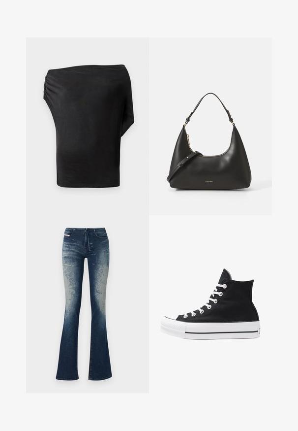 Black asymmetrical top featuring a smooth, stretchy fabric with a gathered detail on one side. Minimalist design, single long sleeve.; Flared denim jeans featuring a dark blue wash with lighter fading, textured surface, and a zip fly. Five-pocket design with brand label.; High-top black canvas sneaker with white eyelets, laces, and rubber sole. Features a textured toe cap and black and white stripe accents.; Black leather hobo bag with a curved structure, gold zipper, and adjustable strap. Features embossed logo on the front. Smooth texture.; Heart-shaped ring in transparent pink resin, featuring a large clear stone at the center surrounded by a gold-toned metal accent.