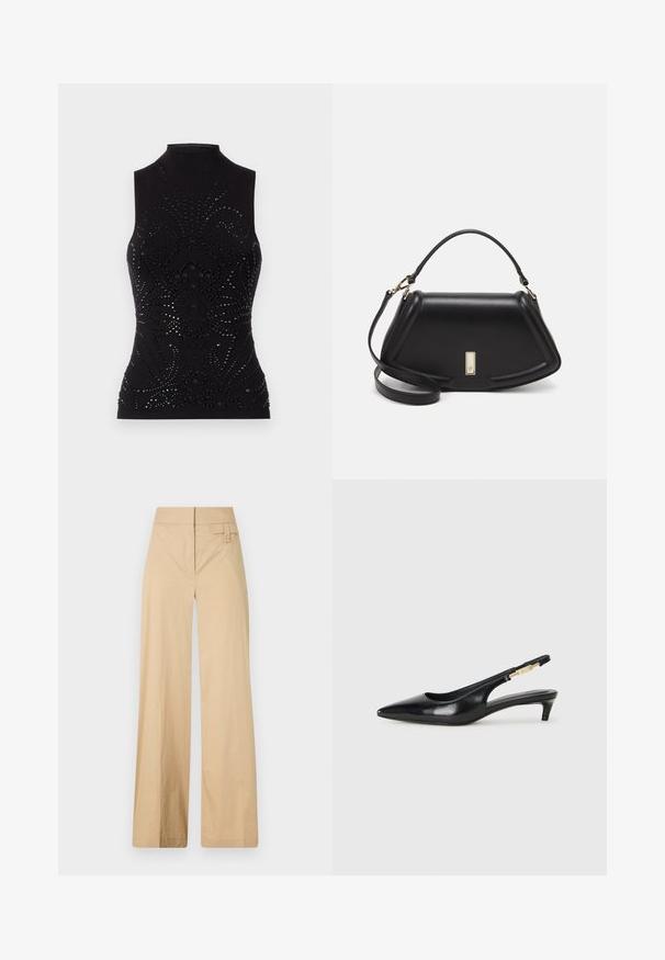 Black sleeveless top with a high mock neck, featuring a textured design adorned with black sequins arranged in floral patterns.; Beige wide-leg pants made of cotton blend fabric. Features a smooth texture, elastic waistband, and a side button detail.; Black leather slingback heels with a pointed toe, featuring a slim heel and a gold-tone accent on the adjustable strap. Smooth texture.; Black leather handbag with a structured design, featuring a cropped shape, top handle, and gold hardware accent. Adjustable shoulder strap included.
