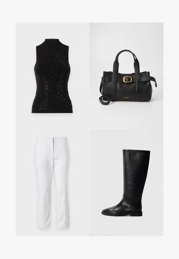Top negro sin mangas con un cuello alto tipo mock, que presenta un diseño texturizado decorado con lentejuelas negras dispuestas en patrones florales.; Pantalones de algodón blancos con un diseño de pierna recta, que cuentan con una cintura de media altura y sin herrajes o patrones visibles. Textura suave en todo su recorrido.; Bota alta de cuero negro hasta la rodilla con punta redonda, textura suave, diseño minimalista y suela plana. Detalles de costura simples en el caña.; Bolso de cuero negro con un diseño estructurado, doble mango superior, detalle de hebilla en tono dorado y logo de la marca grabado en la parte frontal.