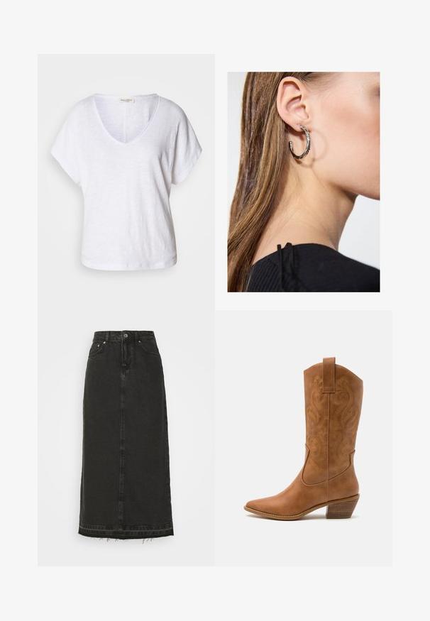 White V-neck t-shirt made from textured fabric, featuring short sleeves and a relaxed fit with a slightly curved hemline.; Black denim midi skirt with a fitted waist, front button closure, and frayed hem. Features classic five-pocket design and slight texture.; Tan leather cowboy boot with pointed toe, embroidered swirl patterns on shaft, and a stacked block heel. Features a pull tab for easy wear.; Silver hoop earring with a polished finish, featuring small gold accent details and a round shape, worn on the lobe.