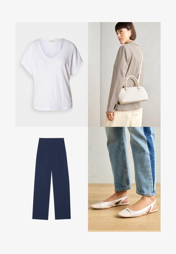 Witte V-hals T-shirt gemaakt van gestructureerde stof, met korte mouwen en een ontspannen pasvorm met een licht gebogen zoom.; Navyblauwe wijde broek van zachte stof, voorzien van voorplooien, een gladde textuur en een rechte pasvorm zonder zichtbare zakken.; Zachtroze slingback ballerina's met een spitse neus, gemaakt van een glad leerachtig materiaal. Bevat uitsnijdingen aan de zijkanten en heeft een platte hak.; Witte gestructureerde handtas met korte handvatten en een schouderband, voorzien van gouden hardwareaccenten en een textuurmateriaal, tentoongesteld tegen een grijze achtergrond.