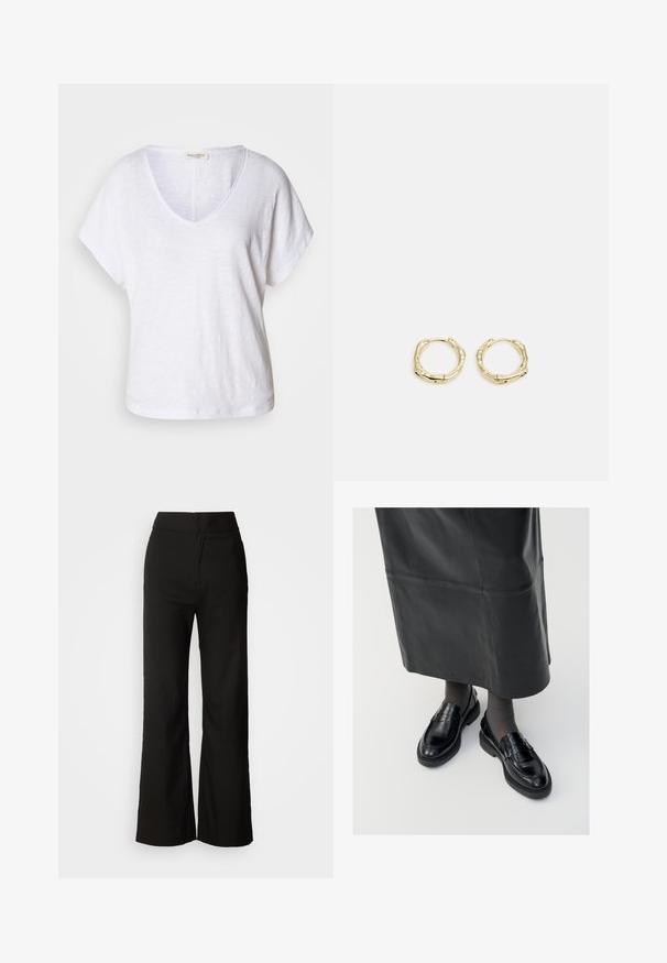 T-shirt bianco a collo a V realizzato in tessuto testurizzato, con maniche corte e vestibilità relaxed, dotato di un orlo leggermente curvo.; Pantaloni neri a gamba larga con texture liscia, vita alta e design semplice. Nessuna tasca visibile o decorazioni.; Mocassini in pelle nera con una finitura liscia, dotati di una fascia decorativa, punta rotonda e suola texturizzata. Indossati con una lunga gonna in pelle nera.; Orecchini a cerchio in oro con una forma irregolare e texture. Presentano una chiusura senza giunture e una finitura superficiale lucida, che enfatizza un design moderno.