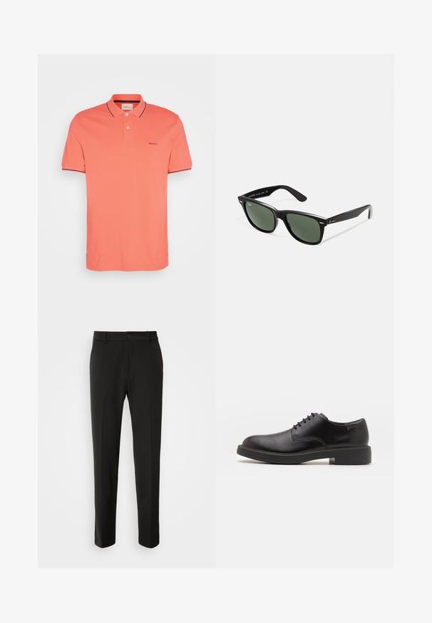 Korálová polo košile z bavlny s klasickým límcem, krátkými rukávy a námořnickými akcenty na límci a manžetách. Logo GANT na hrudi.; Černé kalhoty vyrobené z hladkého materiálu, s rovnými nohavicemi, zapínáním na knoflík a klasickým designem vhodným pro formální i neformální nošení.; Černé kožené šněrovací boty s kulatou špičkou, hladkým povrchem, minimálním prošíváním a nízkým gumovým podpatkem. Logo na patě.; Černé plastové sluneční brýle se zelenými skly, čtvercové obroučky, stříbrný detail na obočí a texturované stranice. Značka uvedená na vnitřní straně stranic.