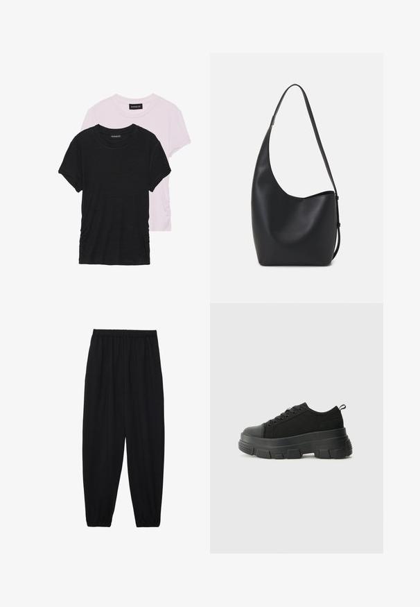 To t-skjorter: en svart og en lys rosa. Begge har rund hals og korte ermer, laget av et mykt, lett stoff.; Svarte, lette bukser med elastisk liv og rynkede ankler. Stoffet er glatt og har en avslappet, innsvingt design.; Svarte sneakers med en kraftig gummisåle, teksturert stoffoverdel, rund tå og snøring. Har forsterkede snørehull og bakre trekkstang.; Svart lær hobo-veske med glatt tekstur, buet form og enkelt justerbart stropp; har en bred åpning på toppen.