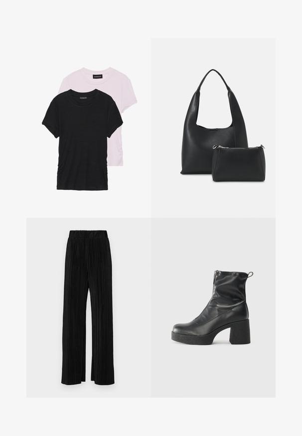Duas camisetas: uma preta e uma rosa claro. Ambas apresentam decotes redondos e mangas curtas, feitas de um tecido macio e leve.; Calças pregueadas pretas com uma cintura elástica. Apresentam pernas largas e um tecido liso, texturizado com riscas verticais.; Botas de tornozelo pretas feitas de couro liso, com fecho lateral, salto grosso texturizado e design de bico arredondado.; Even&Odd Mala de mão - black