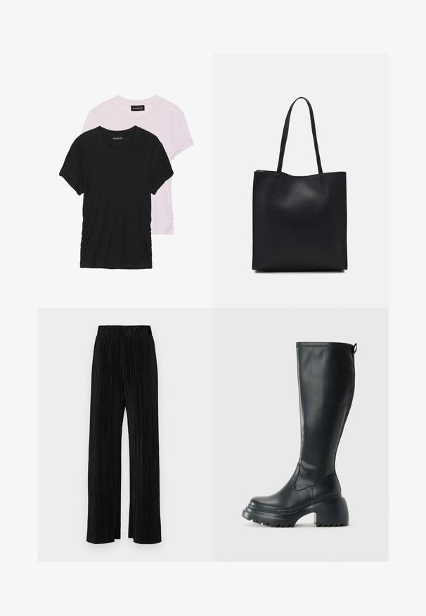 Two T-shirts: one black and one light pink. Both feature round necklines and short sleeves, made from a soft, lightweight fabric.; Black pleated trousers with an elastic waistband. Features wide legs and a smooth, textured fabric with vertical stripes.; Tall black leather boot with chunky platform sole and block heel, featuring pull tab and textured tread on outsole.; Black leather tote bag with smooth texture, rectangular shape, and two long handles. No visible hardware or embellishments.