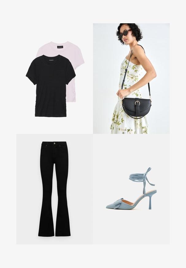 Two T-shirts: one black and one light pink. Both feature round necklines and short sleeves, made from a soft, lightweight fabric.; Black high-waist jeans with a button and zip closure, front pockets, and flared legs laid flat on a white background.; Pointed-toe high heel shoe in light blue fabric with a textured finish, featuring a bow accent and ankle strap for secure fit.; Black leather handbag with a curved shape, detachable strap, and gold hardware. The bag features a flap with a buckle detail.