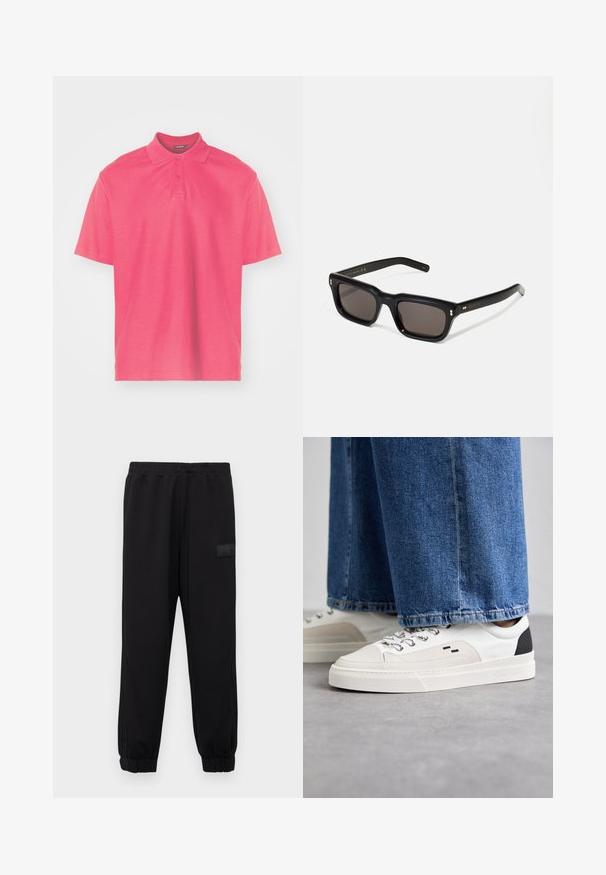 Trumpas rankovėmis polo marškinėliai ryškiai rožinės spalvos. Pagaminti iš lygaus medvilnės, su klasikiniu apykakle, dviem mygtukais ir subtiliu logotipu ant krūtinės.; Juodos sportinės kelnės su elastine juosta ir guminėmis kulkšnimis, pasižyminčios šoninėmis kišenėmis ir tekstūruota logotipo etikete kairėje šlaunies pusėje.; Balti ir balti sportbačiai su lygaus odos paviršiumi, tekstūruotais akcentais ir masyviu baltu padu. Turi klasiką primenančią raištelių užsegimo sistemą.; Juodos stačiakampės akinių nuo saulės su tamsiais objektyvais, storu plastiko rėmu, auksinėmis detalėmis ant šventyklų ir prekės ženklo logotipu išgraviruotu ant šono.