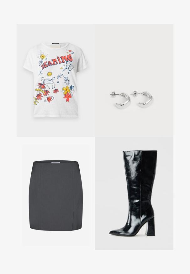 Tricou din bumbac alb, cu imprimeuri grafice multicolore, inclusiv flori, un cal, un soare și cuvântul "BEAMING" scris cu roșu. Mâneci scurte.; Envii SPLIT - Fustă tip creion - grey; Botine negre până la genunchi, realizate din piele lucioasă, cu vârf ascuțit și toc geometric robust cu o textură netedă.; Cercei rotunzi din argint cu o finisare netedă și lustruită. Formă rotundă cu un design ușor curbat și margini armonizate. Închidere cu pini.