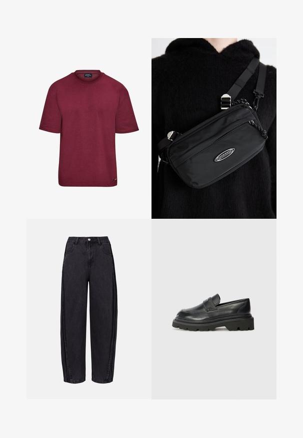 Dropsize SUPER - Paprasti marškinėliai - burgundy; Juodos plačios džinsinės kelnės iš lygios tekstūros džinsinio audinio. Turi aukštą liemenį, priekinės kišenes ir mygtuko uždarymą liemens srityje.; Juodos odinės loafer tipo avalynės su apvaliu pirštu, turinčios žemą, masyvų guminį pado su raštu ir sulankstytą dirželį ant priekio.; Juodas nailono per petį nešiojamas krepšys su reguliuojama juosta, turintis lygią tekstūrą, priekinį užtrauktuką ir logotipo akcentą.