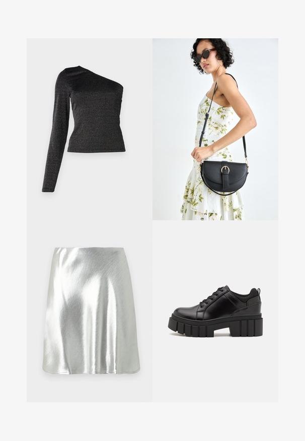 Juoda, vienos peties ilgos rankovės palaidinė, pagaminta iš tekstūrinio, blizgaus audinio, su aptemptu siluetu ir subtiliu metaliniu blizgesiu.; Sidabrinės metalinės spalvos mini sijonas su sklandžia tekstūra ir švelniu blizgesiu. Turi platėjančio dizaino formą ir paprastą, tvarkingą apatinės dalies kirpimą.; Juodi odiniai platformos batai su masyviu blokuota kulniuku, apvalia nosimi ir tradiciniu šnypštimo dizainu. Turintys glotnų paviršių ir minimalų dekoravimą.; Juodas odinis krepšys su išlenkta forma, nuimamu dirželiu ir auksiniais detalėmis. Krepšys turi kilpą su sagtimi.