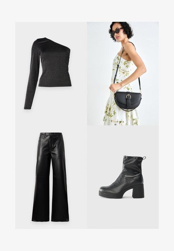 Melnā, uz viena pleca, garām piedurknēm topiņa, kas izgatavota no teksturēta, spīdīga auduma ar pieguļošu siluetu un smalku metalizētu spīdumu.; Melnas augstās jostas platajās kājās sintētiskās ādas bikses ar priekšējo pogu, rāvējslēdzēju, jostas cilpām un sānu kabatām uz baltā fona.; Melni potītes zābaki, kas izgatavoti no gludas ādas, ar sānu rāvējslēdzēju, masīvu strukturētu papēdi un noapaļotu purngalu.; Melnas ādas rokassoma ar izliekta formu, noņemamu siksnu un zelta aksesuāriem. Somai ir vāciņš ar sprādzes detaļu.