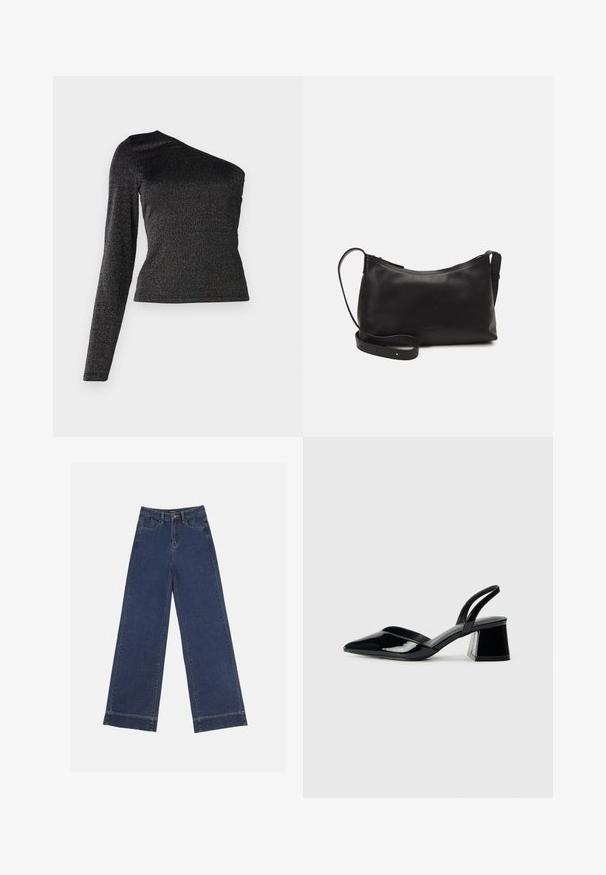 Fekete, egyvállas, hosszú ujjú felső, fényes, texturált anyagból, testhez simuló szabással és diszkrét, fémpolír hatással.; Sötétkék denim széles lábú farmernadrág. Öt zsebbel, övhurkokkal és nyers szegéllyel az alján, amelyen látható varrási részletek találhatók.; Fekete lakk bőr szandálkés magas sarkú cipő, hegyes orral és geometrikus tömbsarkakkal. Karcsú, minimalista dizájn és sima textúra jellemzi.; Fekete bőr válltáska sima felülettel, ívelt formával, állítható pánttal és cipzáras záródással. Minimalista dizájn díszítmények nélkül.