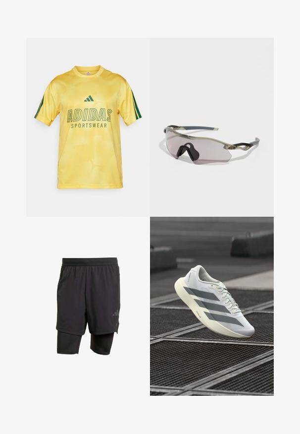 T-shirt desportivo em malha amarela com detalhes verdes. Apresenta um decote redondo, mangas curtas e um grande logótipo "ADIDAS SPORTSWEAR" na frente.; Calções atléticos pretos com camada interior integrada, feitos de tecido respirável. Apresentam um logotipo subtil e textura estruturada. Cintura ajustável.; Sapatilha desportiva branca com parte superior em malha texturizada, apresentando riscas cinzentas e sola acolchoada. Design leve adequado para corrida.; Óculos de sol com uma armação cinza translúcida, lentes com tonalidade e design angular. Apresenta um suporte nasal distinto e hastes em cinza escuro texturizado.