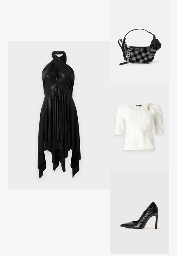 Bílý rib výstřihový top s krátkými rukávy, zdobený zlatou komponentou. Materiál je měkký s vertikálními pruhy.; Černé halter šaty s draped designem. Vyrobené z lesklého materiálu, s propleteným výstřihem a asymetrickým lemem. Hladká textura.; Černý lodičkový bot s špičatou špičkou, pokrytý texturou krokodýlí kůže, s elegantním designem, vysokým stiletto podpatkem a hladkým černým interiérem.; Černá kabelka s cvočky, řetízkem a hladkým koženým držadlem, kulatého tvaru a se zipovou kapsou.