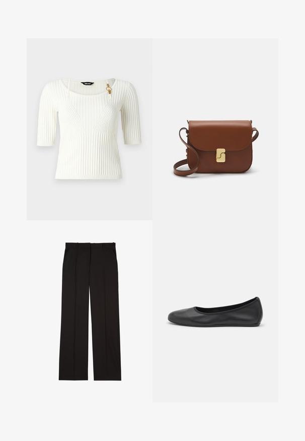 Top bianco a coste con maniche corte, caratterizzato da un collo a barca e un accento in metallo dorato. La texture è morbida con strisce verticali.; Pantaloni neri su misura realizzati in un tessuto liscio, con un design a gamba dritta e due tasche laterali. Costruzione elegante e minimalista.; Pantofole da balletto nere in pelle con punta arrotondata, texture liscia, dettagli di cucitura minimi e design con suola flessibile.; Borsa a tracolla in pelle marrone con chiusura a pattina, hardware color oro, tracolla e una finitura liscia. Forma rettangolare compatta.