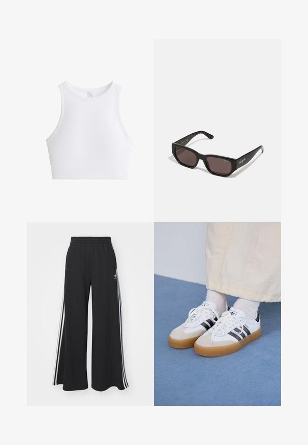 Top corto bianco a righe con scollatura rotonda e senza maniche. Presenta un tessuto testurizzato per maggiore dettaglio e flessibilità.; Pantaloni in felpa neri a gamba larga con vita elastica, dotati di strisce bianche sui lati e un logo ricamato sulla coscia sinistra.; Sneakers bianche con strisce nere e accenti in suede beige. Presentano una suola in gomma texturizzata e lacci bianchi piatti, indossate con calzini di colore chiaro.; Occhiali da sole rettangolari neri con lenti scure. Presentano una montatura in plastica liscia e un dettaglio del logo sulla tempia. Design pulito e moderno.; Borsa a tracolla nera realizzata in materiale sintetico testurizzato. Presenta un design con logo inciso e una tracolla regolabile. Chiusura con zip.