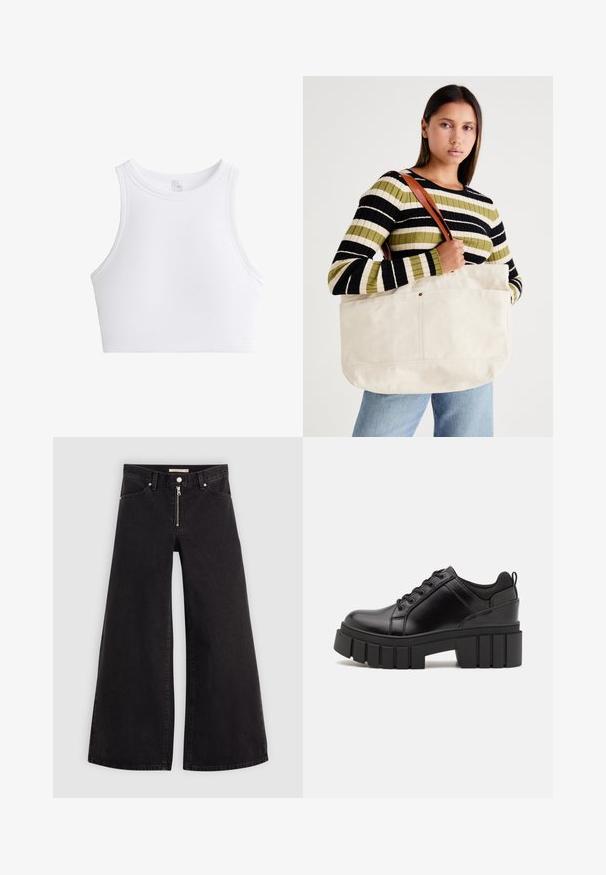 Top scurt alb cu inserții, guler rotund și design fără mâneci. Prezintă un material texturat pentru un plus de detaliu și flexibilitate.; Jeans cu picioare largi din denim negru, cu fermoar în față, design cu cinci buzunare și detalii subtile de cusătură. Textură netedă și stil casual.; Pantofi cu talpă plată din piele neagră, cu toc gros, vârf rotund și design tradițional cu șireturi. Prezintă o textură netedă și detalii minime.; Geantă mare din pânză bej, cu mânere din piele maro, având un design minimalist și accente de cusături vizibile.