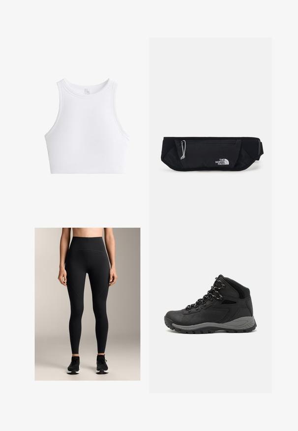 Witte geribbelde crop top met ronde hals en mouwloos ontwerp. Heeft een textuurstof voor extra detail en flexibiliteit.; Hooggenaaide zwarte leggings gemaakt van rekbare stof, met een gladde textuur, stiksel details en een aansluitend ontwerp.; Zwarte wandelschoen met een mid-top ontwerp, voorzien van een gestructureerde bovenkant, grijze accenten en een duurzame rubberen zool met gripnoppen.; The North Face SUNRISER RUN BELT UNISEX - Heuptas - black/white