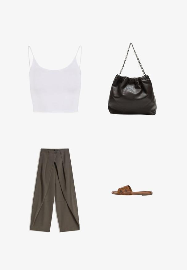 Weißes Camisole-Top mit dünnen verstellbaren Trägern, tailliertem Design und glatter, dehnbarer Textur ohne Muster oder Verzierungen.; Weite Hosen aus einem strukturierten, dunkelgrauen Stoff. Mit einer vorderen Faltenlegung, Knopfverschluss und praktischen Seitentaschen ausgestattet.; Braune Leder-Sandale mit gekreuzten Riemen, flacher Sohle und glatter Textur. Schlichtes Design ohne Verzierungen oder Muster.; Braune Lederhandtasche mit gerafftem Oberteil und Kettenriemen. Glatte Textur mit glänzendem Finish und subtilen Nahtdetails an den Seiten.