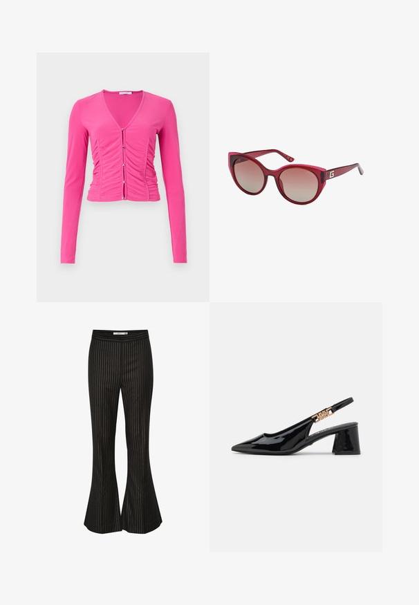 Paita pitkähihaisilla, istuvalla vaaleanpunaisella värillä, syvällä V-kaula-aukolla, laskostetulla yksityiskohdalla edessä ja hopeisilla nappeilla kiinnityksenä. Silkkinen rakenne.; Mustat leveälahkeiset housut, joissa on valkoiset pystyraitat, näyttävä sileä pinta ja istuva vyötärö, suunniteltu räätälöityyn istuvuuteen.; Mustat lakatut slingback-korkokengät, joissa on terävä nenä ja kultasävyinen metalliosuus hihnassa, varustettu lohkokorolla. Sujuva pinta.; Punaiset kissamaiset aurinkolasit, joissa on gradienttilinssit, kiiltävät muovikehykset ja erottuva 'G'-logo korvassa.