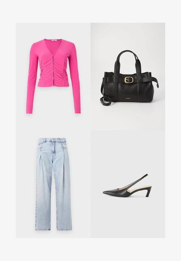 Gariežu piedurkņu, pieguļošs rozā tops ar dziļu V-veida kakla izgriezumu, riekstainām detaļām uz priekšu un sudraba pogu akcentiem slēgšanai. Gluda tekstūra.; Gaiši zilas džinsu bikses ar augstu jostasvietu, plats kāju griezumu, divām sānu kabatām un krokotā dizaina akcentiem. Mīksta tekstūra ar izdilušu apdari.; Melna, ar smailu purngalu, slingback kurpe ar zemu papēdi, izgatavota no gludas ādas materiāla un ar izgriezumiem sānos gaisa caurlaidībai.; Melnas ādas rokassoma ar strukturētu dizainu, divām augšējām rokturām, zelta toņa sprādzes akcentu un iegravētu zīmola logo priekšpusē.